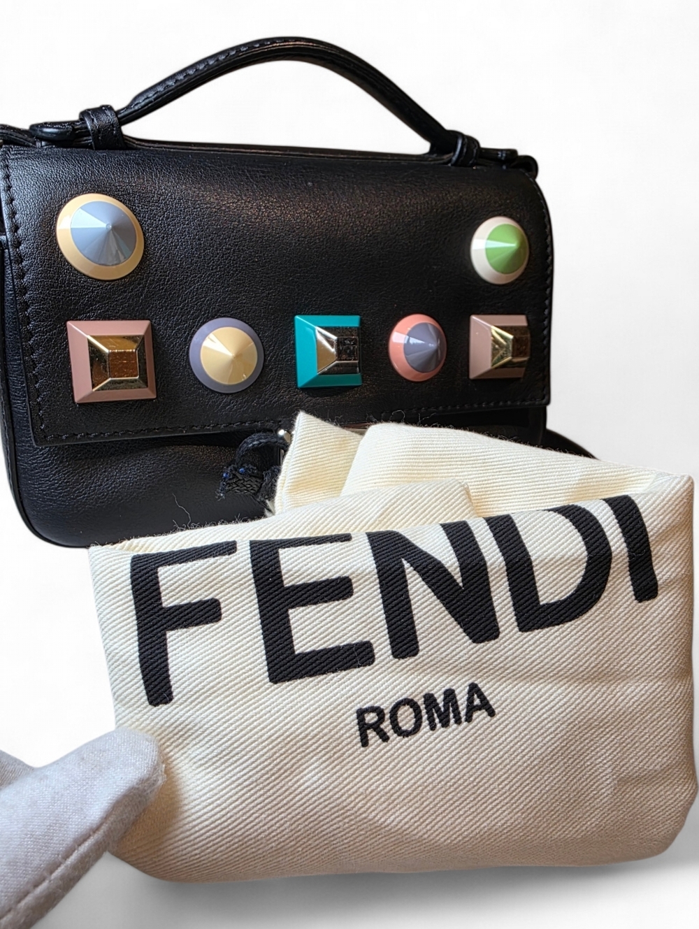 FENDI Double Mini Baguette Studded Crossbody Shoulder Bag Black Leather - Picture 9 of 13